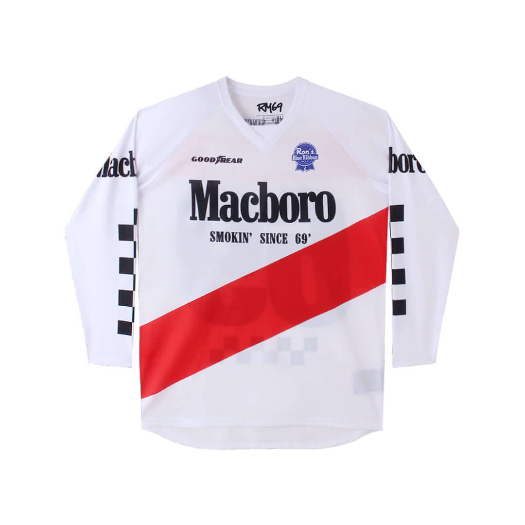 Macboro 69 Jersey by Ronnie Mac with vented polyester mesh for an athletic fit. Iconic sports memorabilia collectors item featuring Macboro Design.