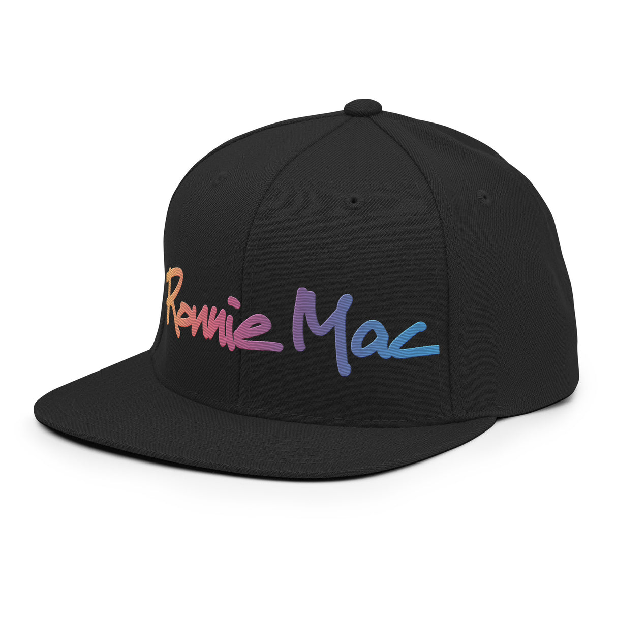 Ronnie Mac gradient embroidered snapback hat with flat brim and adjustable snap closure, perfect for casual wear.