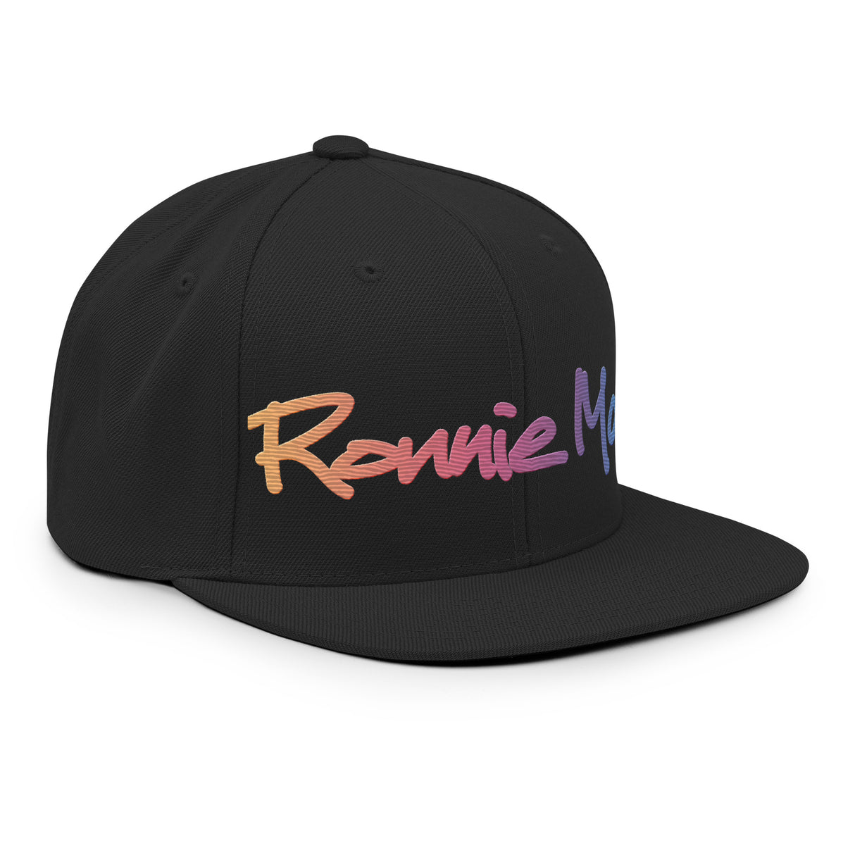 Ronnie Mac gradient embroidered snapback hat, structured design, flat brim, adjustable snap closure for comfortable fit.