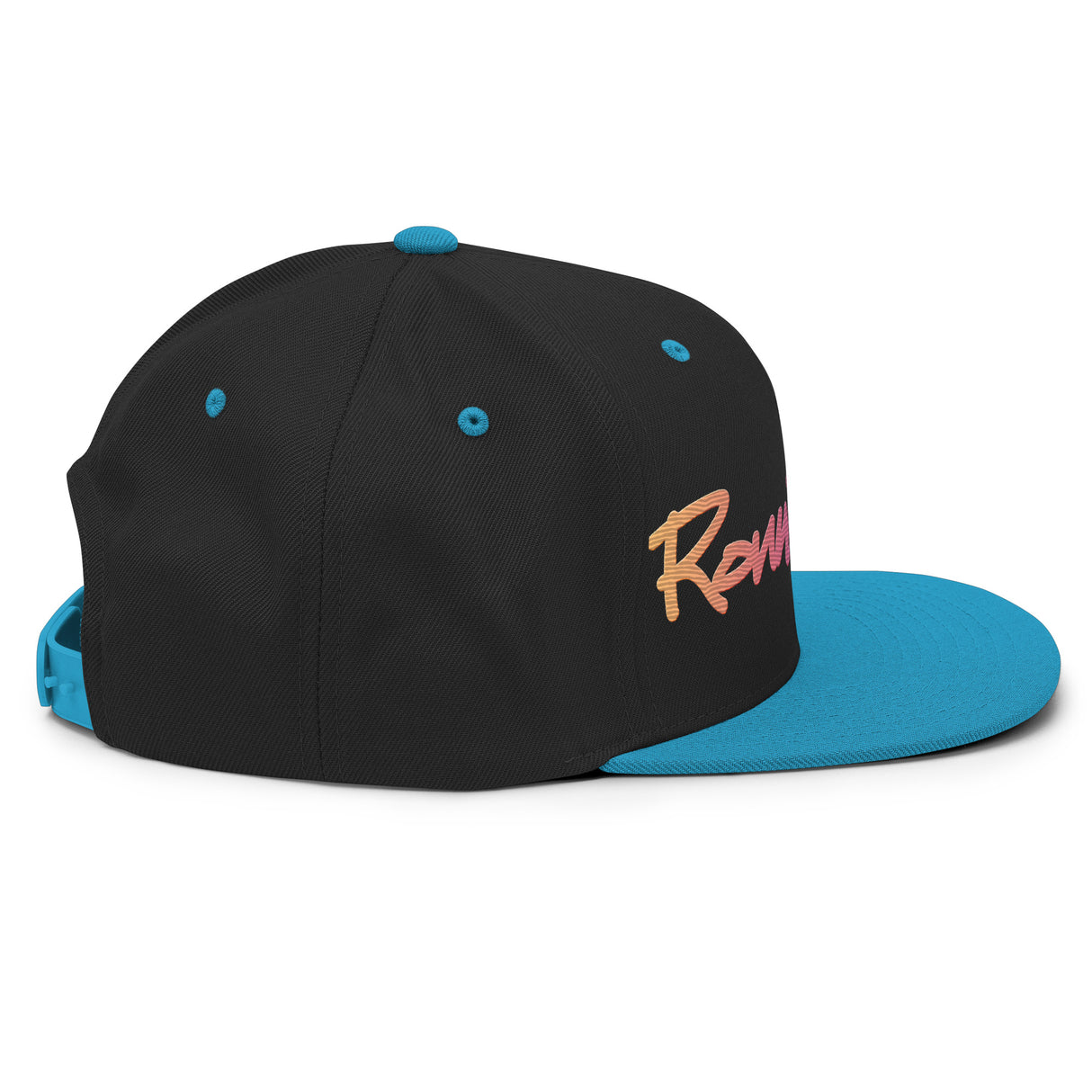 Ronnie Mac gradient embroidered snapback hat in black and teal, featuring a flat brim and adjustable snap closure.