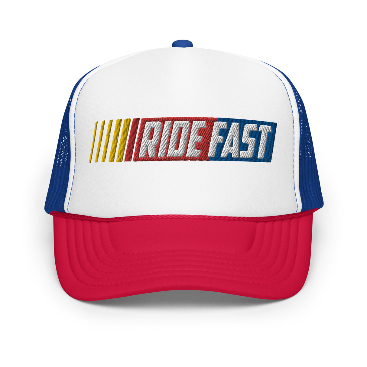 "Ride Fast embroidered trucker hat with red brim, white front, and blue mesh back, features bold logo design."