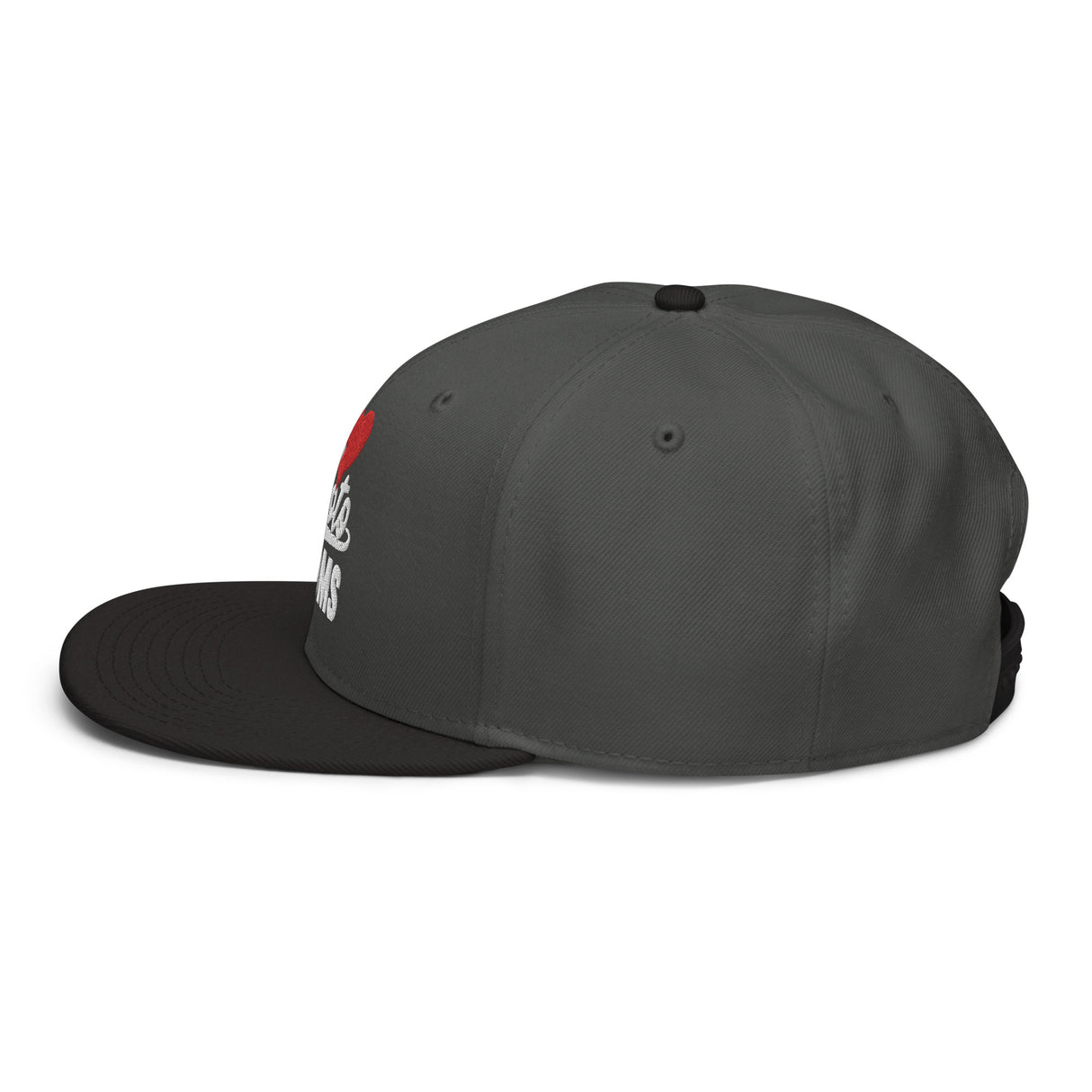 "I Heart Moto Mom's embroidered snapback hat with a structured high-profile design and flat visor, side view."