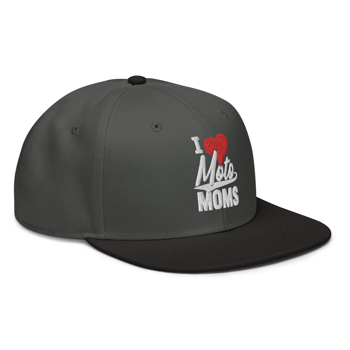 "I Heart Moto Moms embroidered snapback hat with flat visor, high-profile design, ideal for motorcycle enthusiasts."