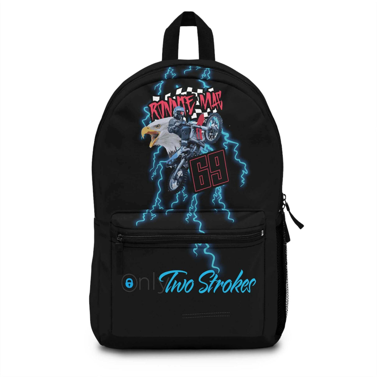 Only 2-Strokes Lightning Backpack featuring blue lightning bolts and Ronnie Mac design