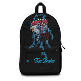 Only 2-Strokes Lightning Backpack featuring blue lightning bolts and Ronnie Mac design