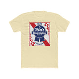 Ron's Blue Ribbon Beer shirt featuring a vintage beer label design on a light yellow background.