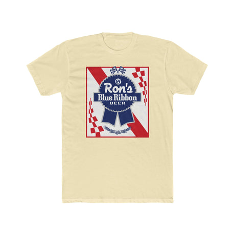 Ron's Blue Ribbon Beer shirt featuring a vintage beer label design on a light yellow background.