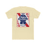 Ron's Blue Ribbon Beer shirt featuring a vintage beer label design on a light yellow background.