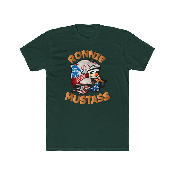 Ronnie MUSTASS Shirt featuring cartoon character face and "Ronnie MUSTASS" text on dark green T-shirt.