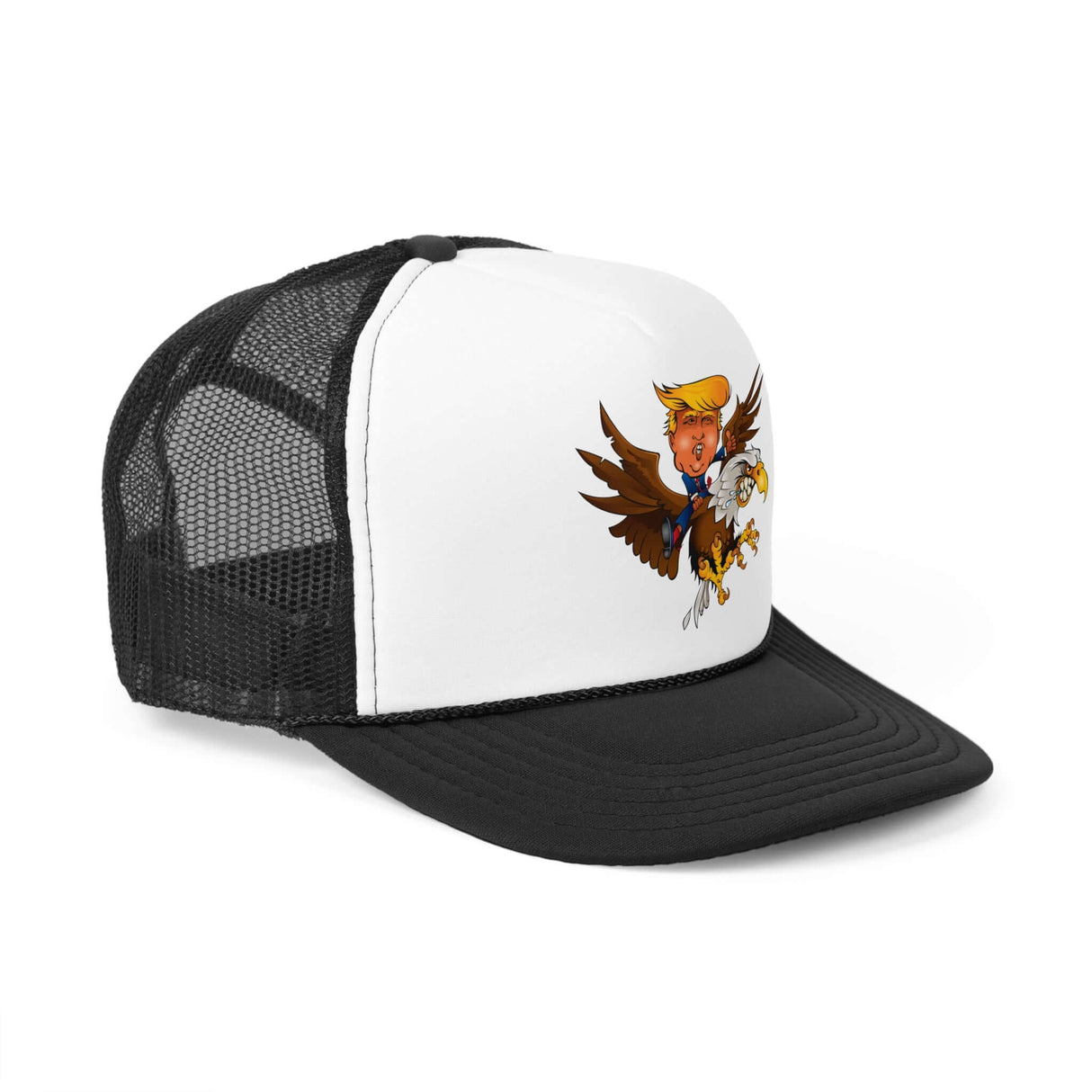 Trucker hat featuring a cartoon of Trump riding an eagle, symbolizing patriotism and resilience.