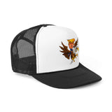 Trucker hat featuring a cartoon of Trump riding an eagle, symbolizing patriotism and resilience.