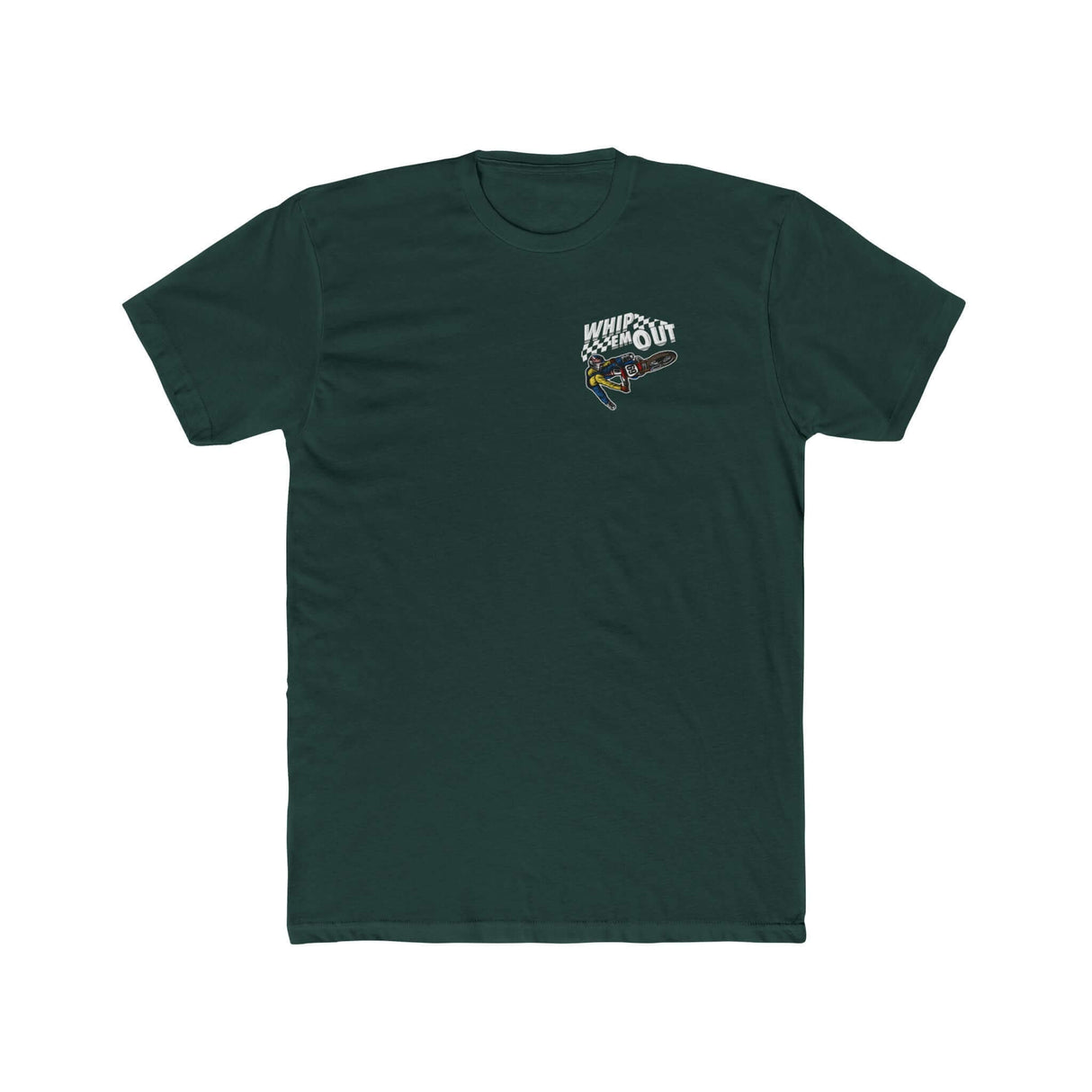 Whip 'Em Out dirt bike stunt shirt by Ronnie Mac 69 in dark green with front graphic design.