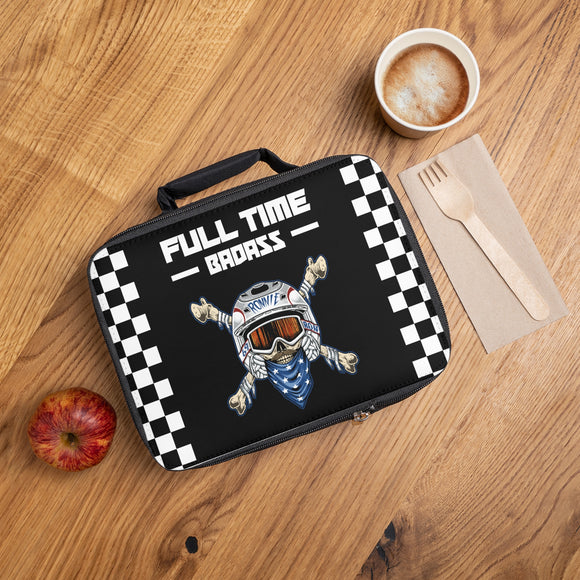 Skeleton Crossbones Lunch Box with Ronnie Mac Design and "Full Time Badass" Text on Checkered Background