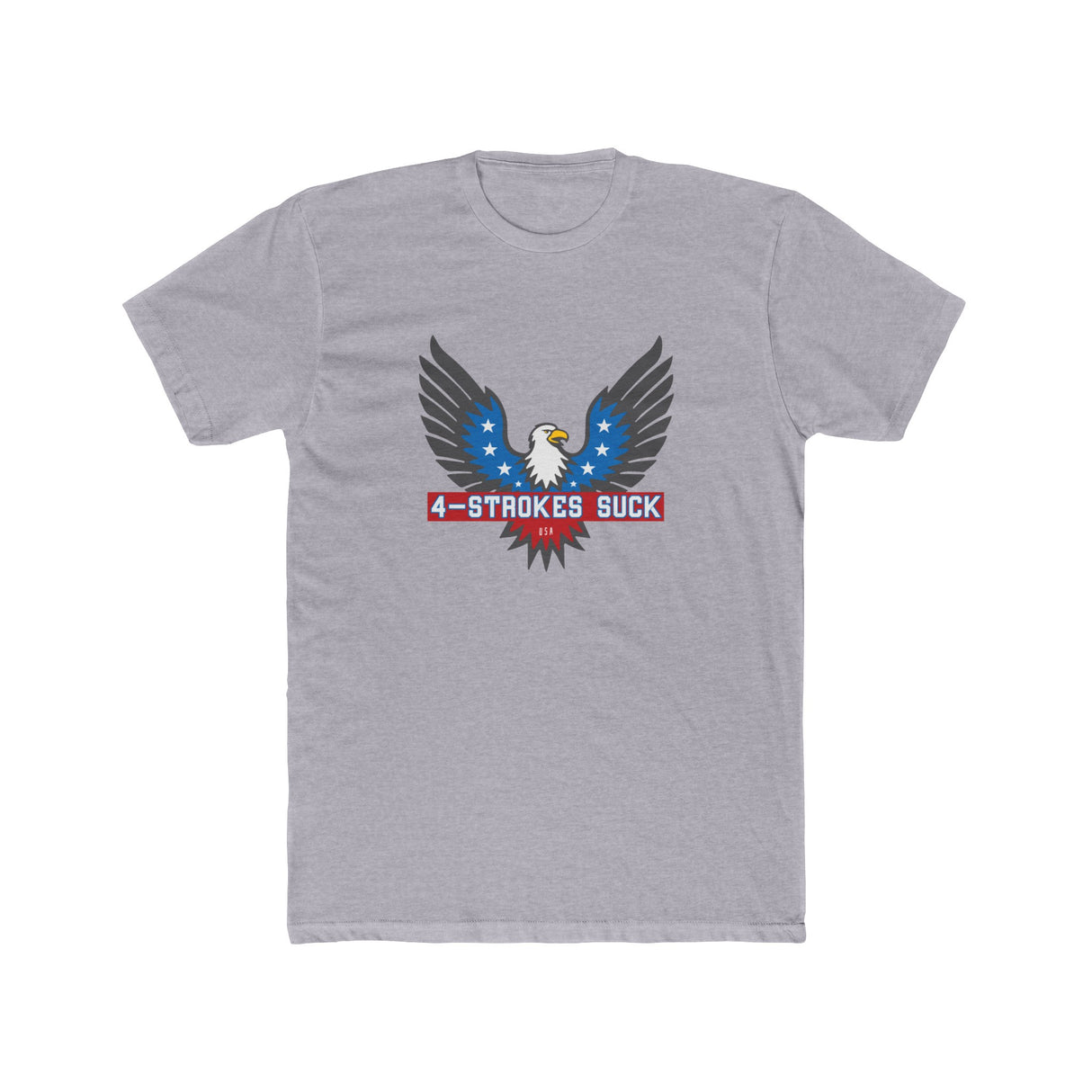 4-Strokes Suck Screamin Eagle graphic t-shirt featuring an eagle design and patriotic colors, perfect for 2-stroke enthusiasts.