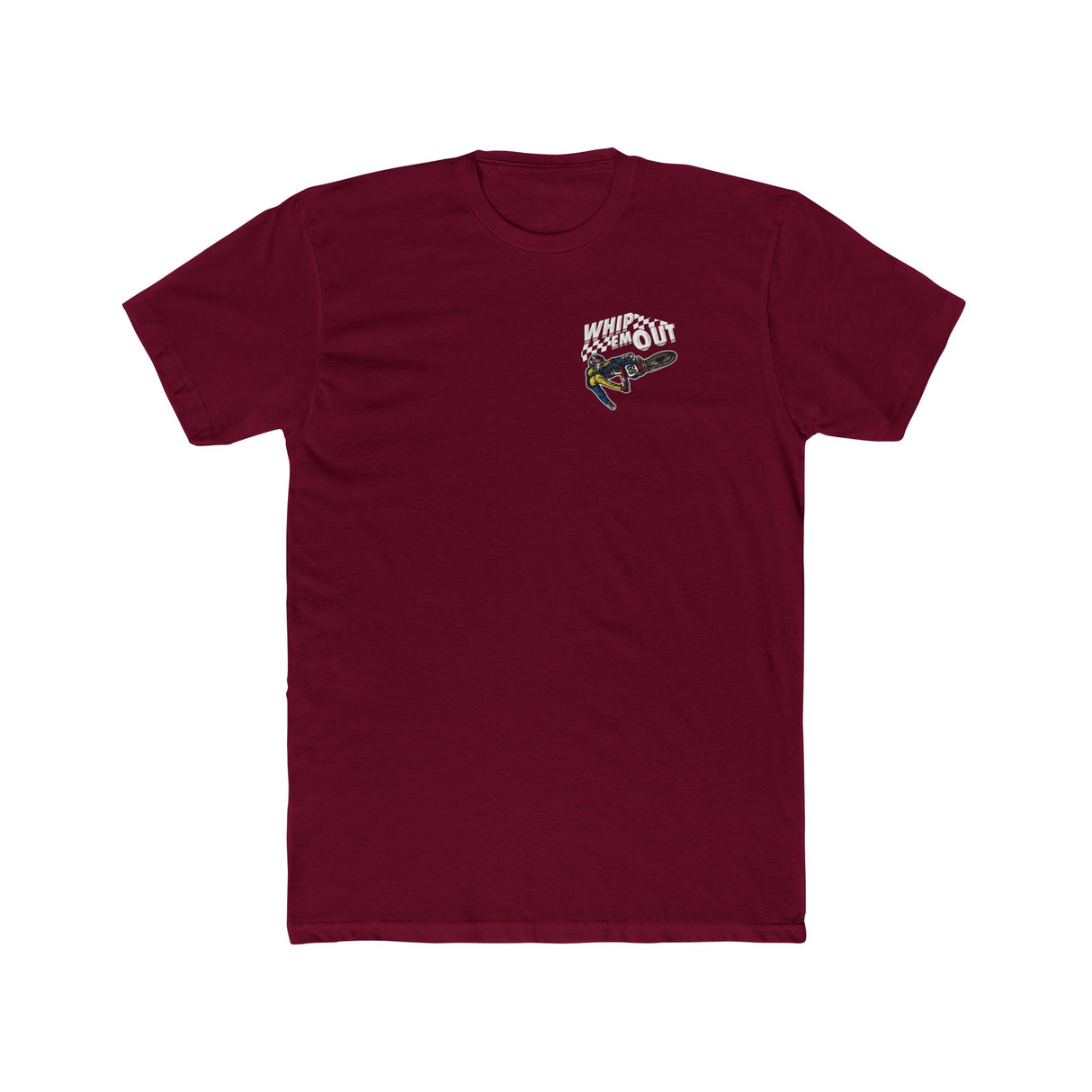 Maroon "Whip 'Em Out" stunt shirt featuring Ronnie Mac 69 design for dirt bike enthusiasts.
