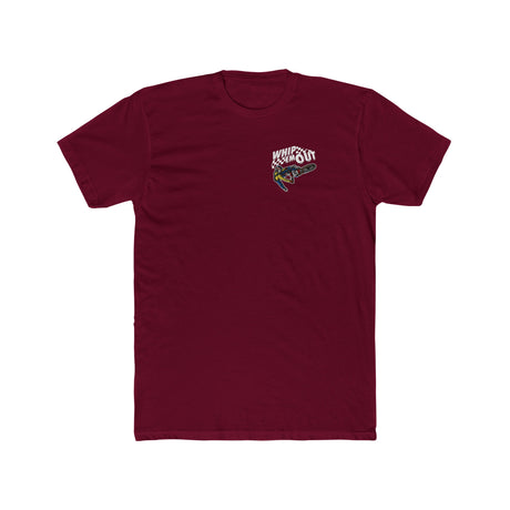 Maroon "Whip 'Em Out" stunt shirt featuring Ronnie Mac 69 design for dirt bike enthusiasts.