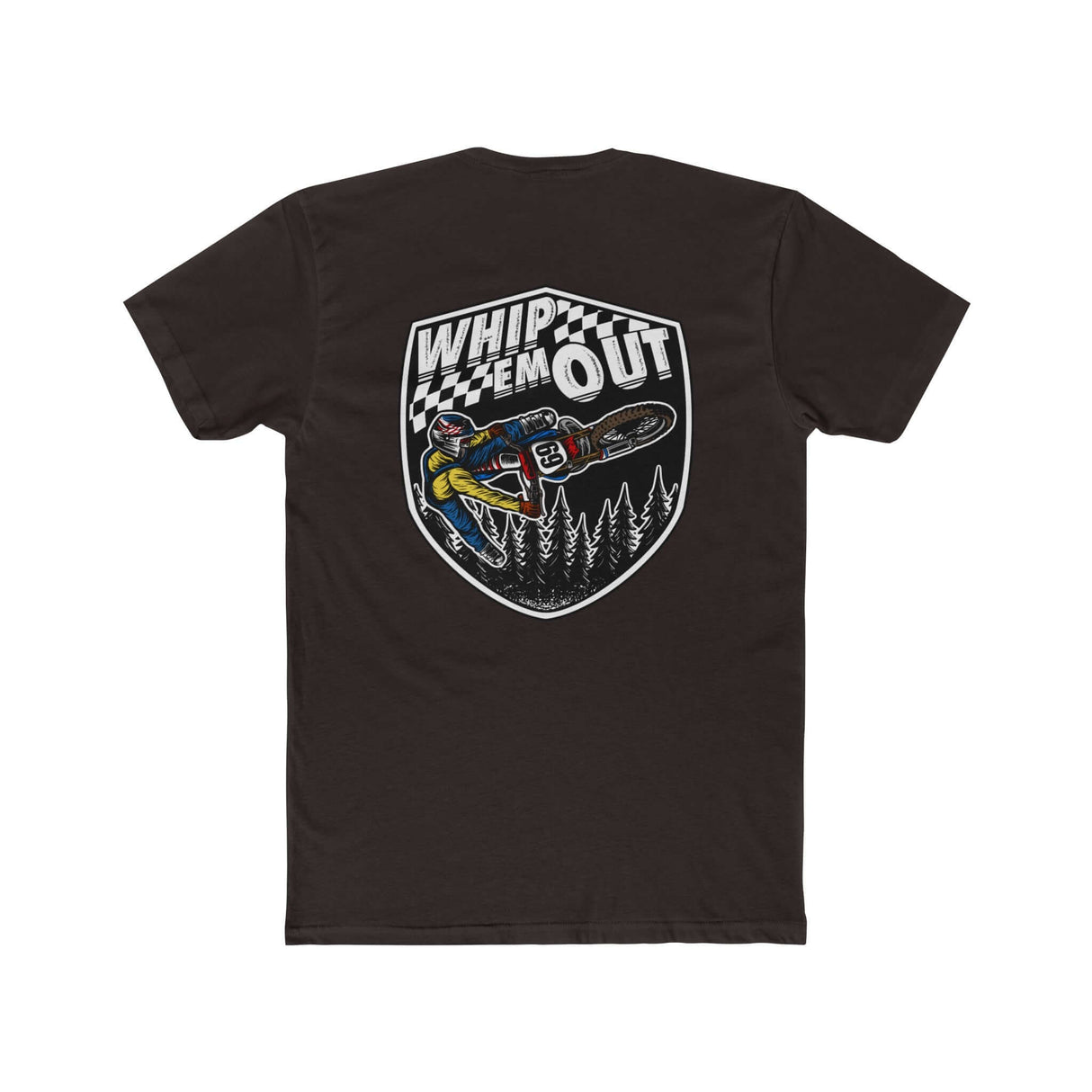 Black "Whip 'Em Out" shirt with Ronnie Mac 69 performing a dirt bike stunt design.