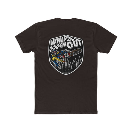 Black "Whip 'Em Out" shirt with Ronnie Mac 69 performing a dirt bike stunt design.