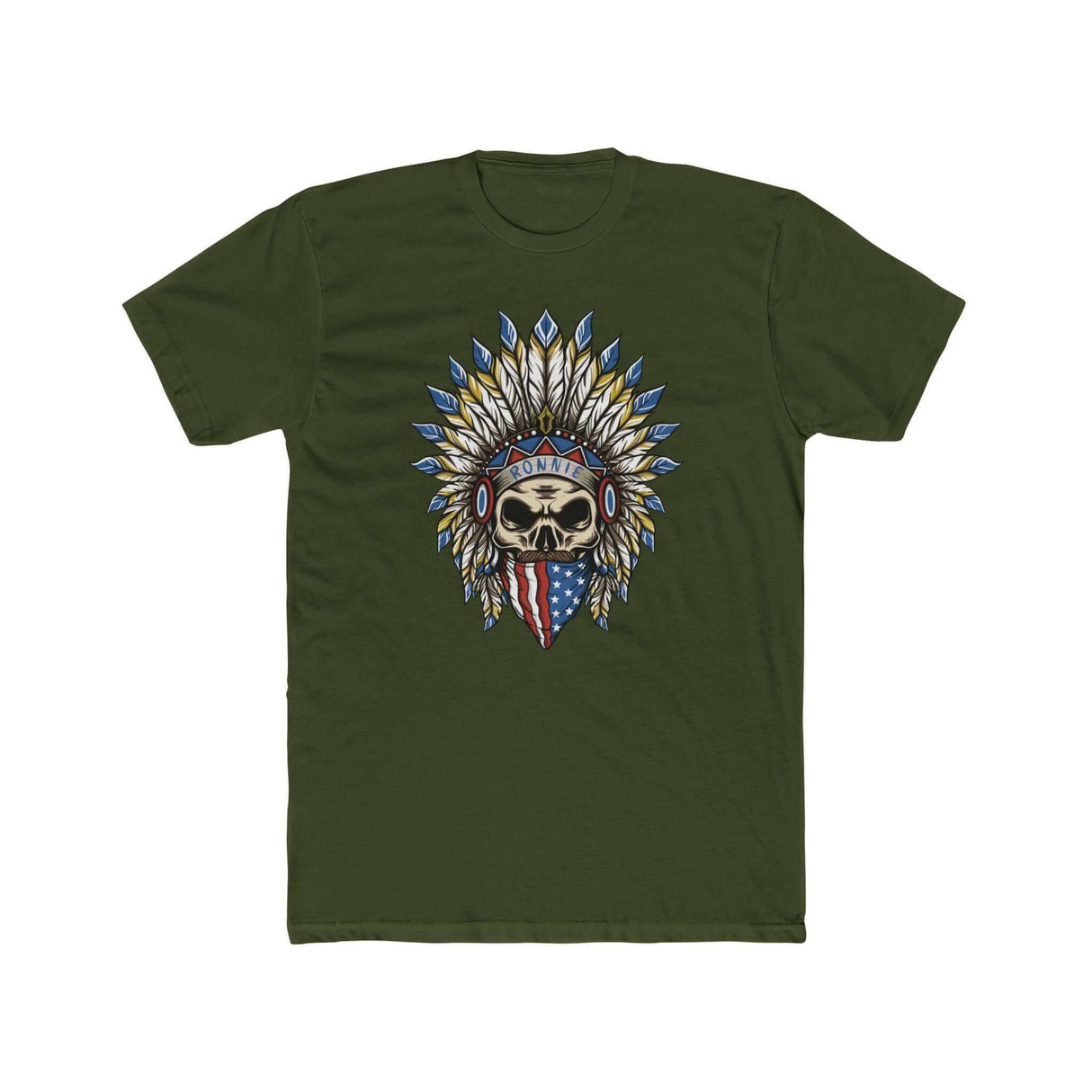 Skeleton Ronnie Shirt with American Bandana and Feathered Hat design on an olive green background