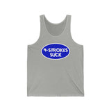 Gray tank top with "4-Strokes Suck" in bold white text inside a blue oval.