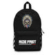 Ronnie Mac Skeleton Head Ride Fast backpack with motocross design and front pocket graphic text "RIDE FAST" for daring riders.