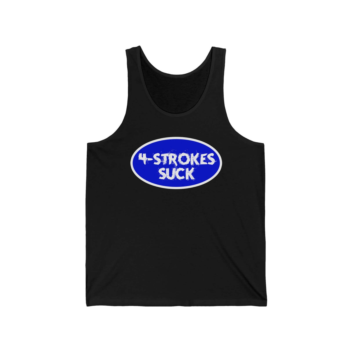 "4-Strokes Suck" black tank top with blue and white oval design for two-stroke enthusiasts from Ronnie Mac's store