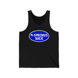 "4-Strokes Suck" black tank top with blue and white oval design for two-stroke enthusiasts from Ronnie Mac's store