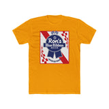 Ron's Blue Ribbon Beer shirt in bright yellow featuring a vintage-style logo and checkered design.