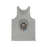 "Skeleton Ronnie Mac Head Tank Top with American bandana and feathered hat design on grey tank."