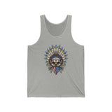 "Skeleton Ronnie Mac Head Tank Top with American bandana and feathered hat design on grey tank."