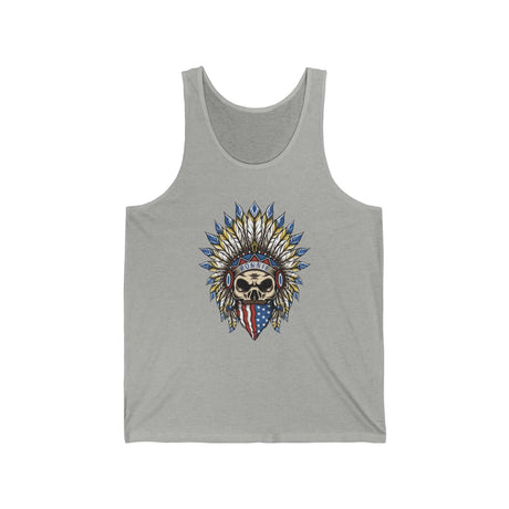 "Skeleton Ronnie Mac Head Tank Top with American bandana and feathered hat design on grey tank."