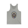 "Skeleton Ronnie Mac Head Tank Top with American bandana and feathered hat design on grey tank."