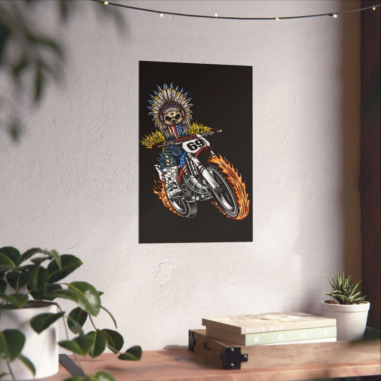 Ghost Rider Ronnie Mac King of Moto Poster with blazing fiery design on wall, motocross skeleton in flames, motorcycle decor.