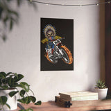 Ghost Rider Ronnie Mac King of Moto Poster with blazing fiery design on wall, motocross skeleton in flames, motorcycle decor.