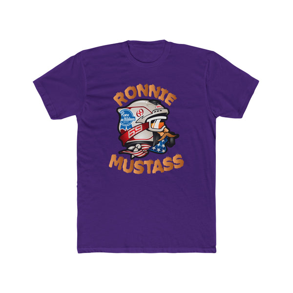 Ronnie MUSTASS T-Shirt with a redneck theme featuring a cartoon character on a purple background