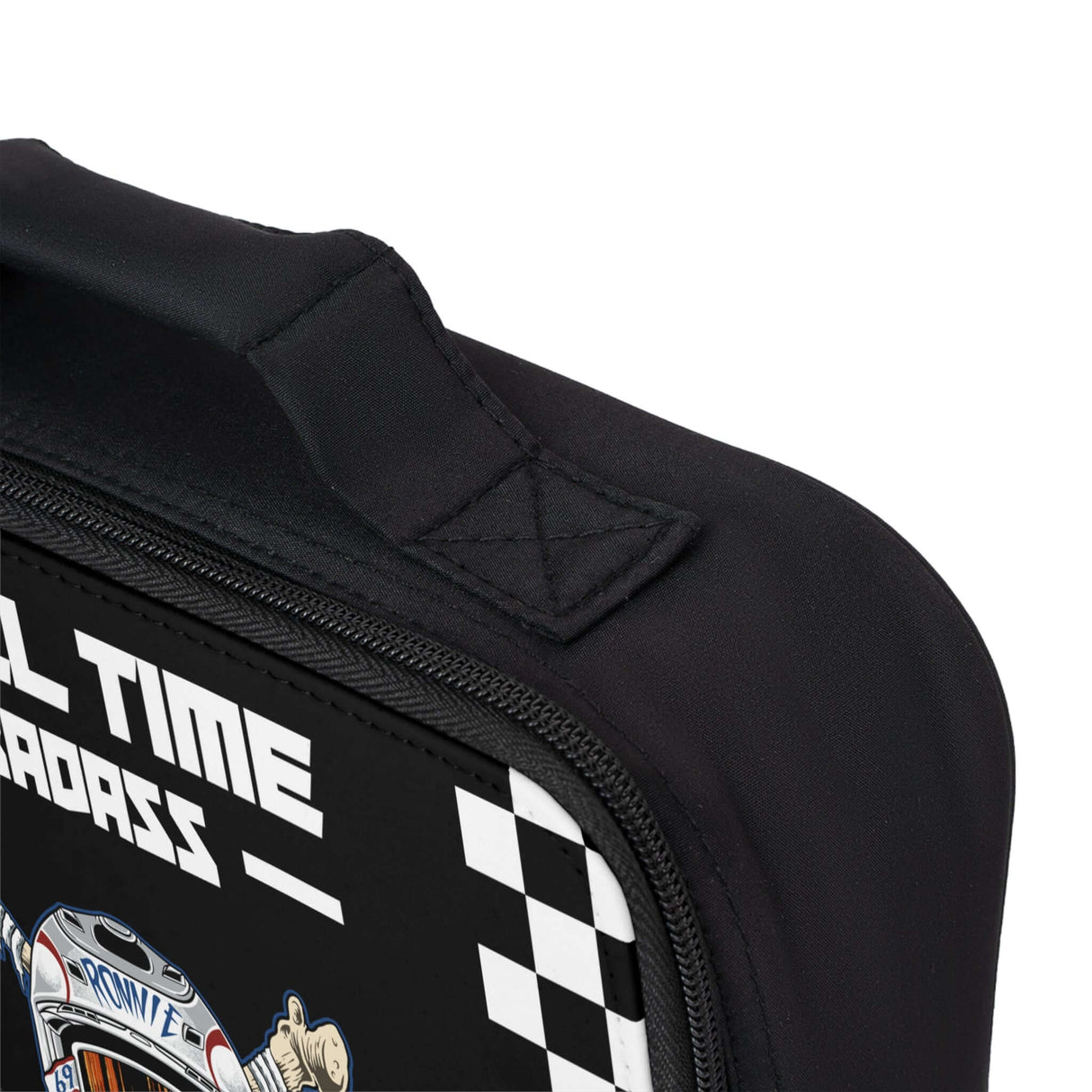 Close-up of Ronnie Mac Skeleton Crossbones Lunch Box zipper and handle showing detailed epic design and checkered pattern.