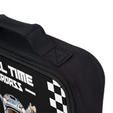 Close-up of Ronnie Mac Skeleton Crossbones Lunch Box zipper and handle showing detailed epic design and checkered pattern.