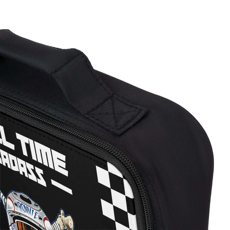 Close-up of Ronnie Mac Skeleton Crossbones Lunch Box zipper and handle showing detailed epic design and checkered pattern.