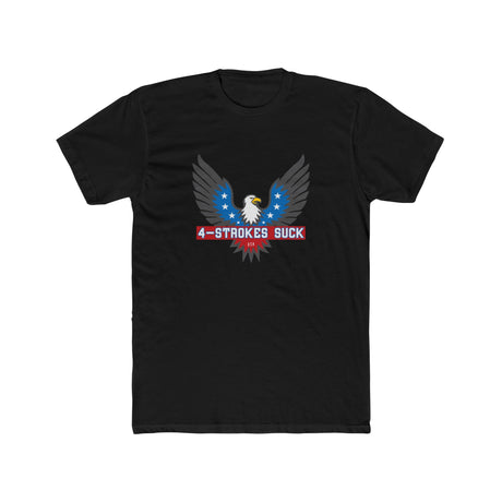 Black '4-Strokes Suck' shirt featuring an eagle design and blue stars, perfect for 2-stroke enthusiasts.