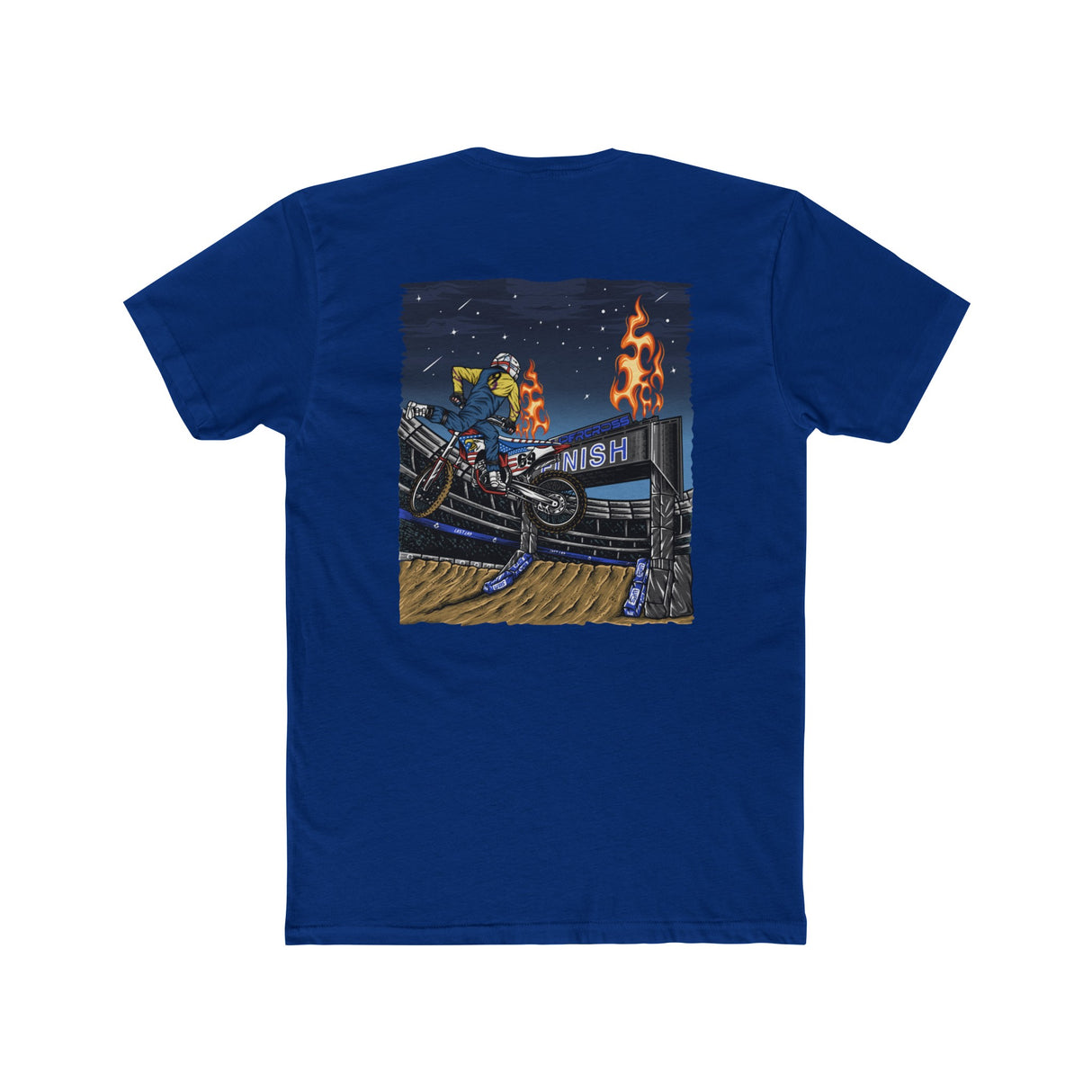Blue Supercross Mac Nac shirt with Ronnie Mac graphic performing motocross stunt, designed for fans and casual wear.