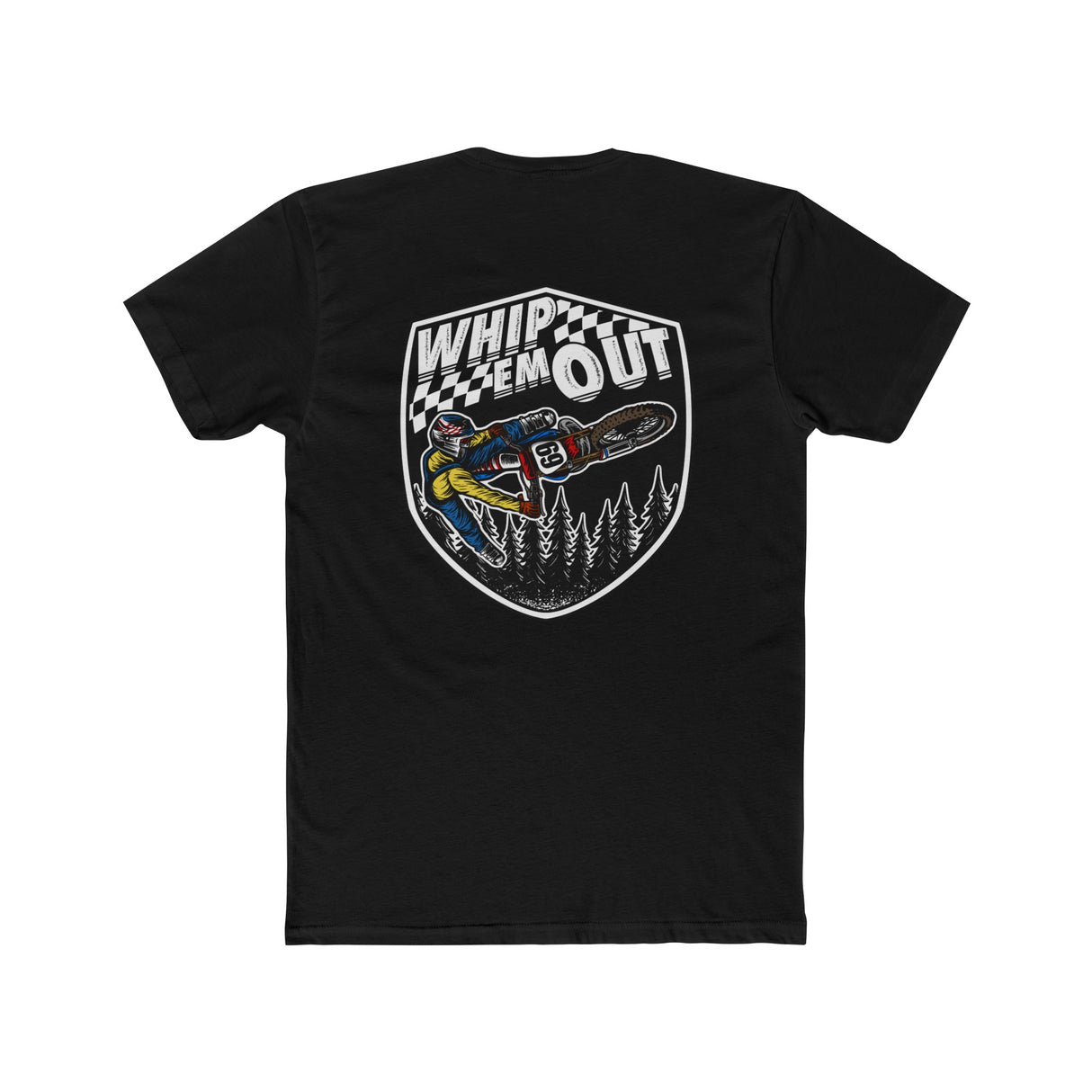 Black Whip 'Em Out shirt featuring Ronnie Mac 69 performing a dirt bike stunt with a forest backdrop.