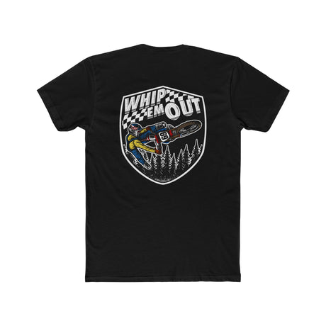 Black Whip 'Em Out shirt featuring Ronnie Mac 69 performing a dirt bike stunt with a forest backdrop.