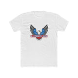 White 4-Strokes Suck shirt featuring an eagle design with blue stars and red accents, perfect for 2-stroke enthusiasts.