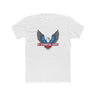 White 4-Strokes Suck shirt featuring an eagle design with blue stars and red accents, perfect for 2-stroke enthusiasts.