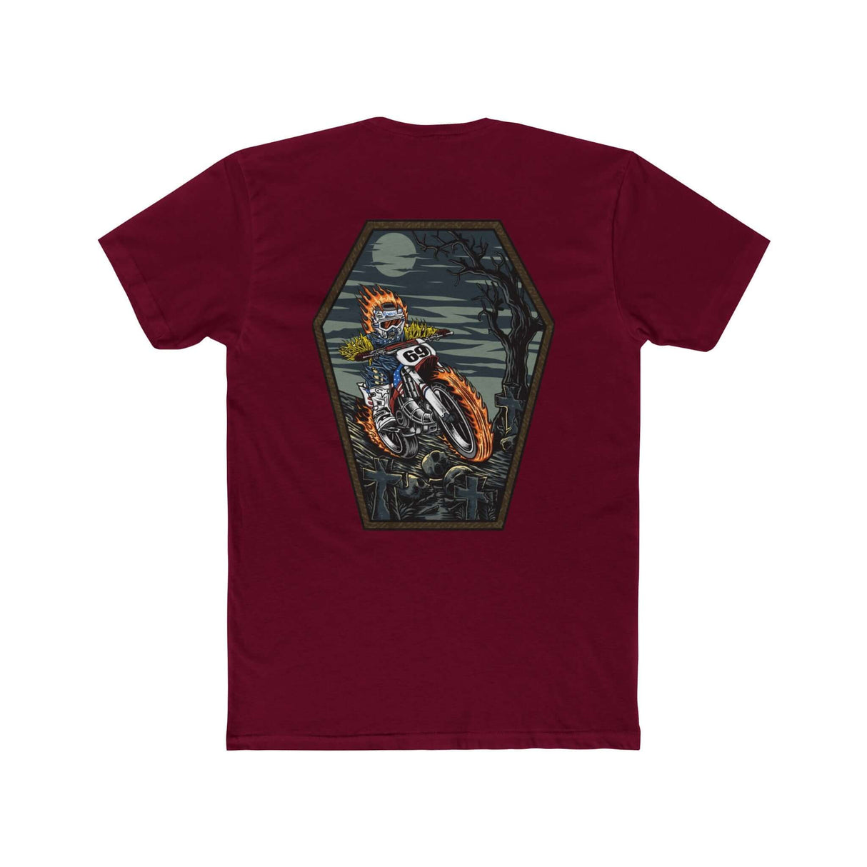 Ghost Rider Ronnie Mac Shirt with fiery skeleton design on maroon background, featuring motorcycle and flames in a coffin shape.