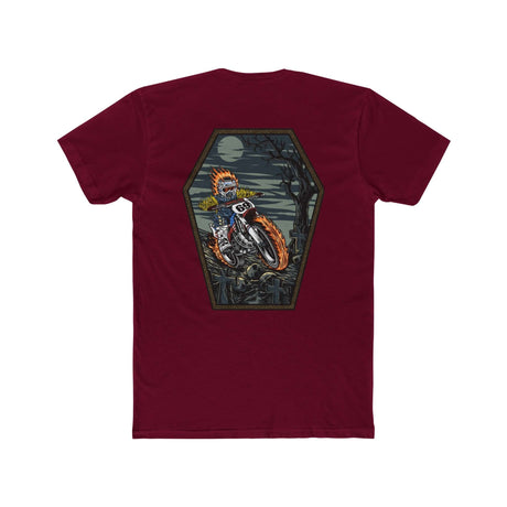 Ghost Rider Ronnie Mac Shirt with fiery skeleton design on maroon background, featuring motorcycle and flames in a coffin shape.