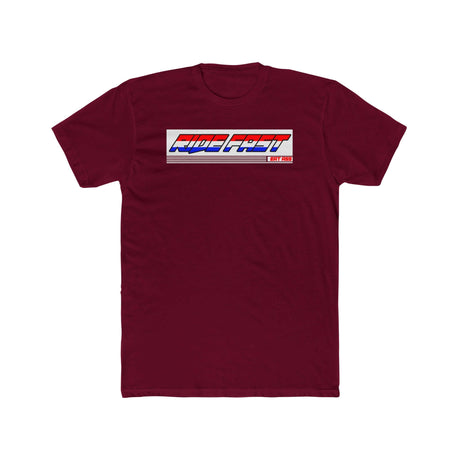 "Ride Fast, Eat Ass" T-shirt from Ronnie Mac’s collection in bold lettering on maroon fabric, perfect for those who live life in the fast lane.