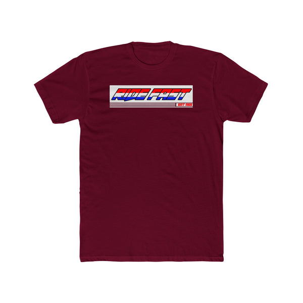 "Ride Fast, Eat Ass" T-shirt from Ronnie Mac’s collection in bold lettering on maroon fabric, perfect for those who live life in the fast lane.