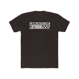 Black "Lead with the 2-Stroke" T-shirt featuring bold, eye-catching design and checkered flag pattern for moto enthusiasts.