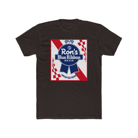 Black t-shirt featuring Ron's Blue Ribbon Beer graphic, celebrating nostalgia for classic brews.